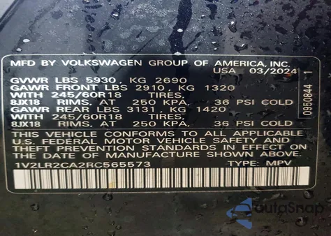 2024 Volkswagen Atlas Se из США, поврежденный, VIN 1V2LR2CA2RC565573